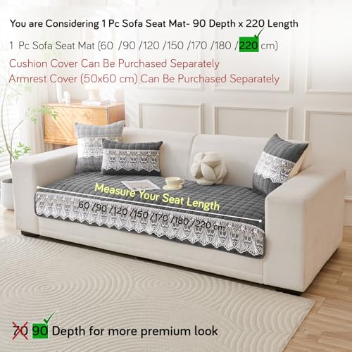 HOKIPO 'BelleLace Series' Imperial Milk Velvet Sofa Cover Mat with Lace Design| Make Your Own Sofa Cover Set, Mat Length 90(D) x 220(L) cm, Porpoise Grey (AR-5968-DGRY) - Image 5