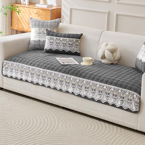 HOKIPO 'BelleLace Series' Imperial Milk Velvet Sofa Cover Mat with Lace Design| Make Your Own Sofa Cover Set, Mat Length 90(D) x 220(L) cm, Porpoise Grey (AR-5968-DGRY) - Image 1