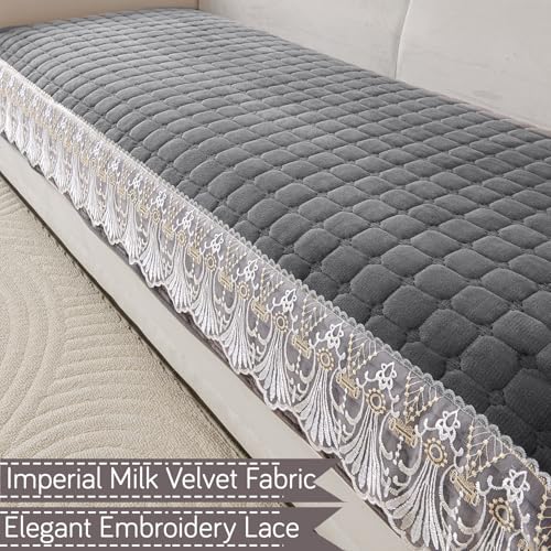 HOKIPO 'BelleLace Series' Imperial Milk Velvet Sofa Cover Mat with Lace Design| Make Your Own Sofa Cover Set, Mat Length 90(D) x 220(L) cm, Porpoise Grey (AR-5968-DGRY) - Image 2
