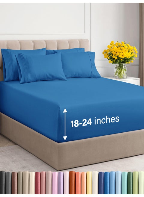 Extra Deep Queen Sheet Set - 6 Piece Breathable & Cooling Sheets - Hotel Luxury Bed Sheets Set - Easy & Secure Fit - Soft  Wrinkle Free & Comfy Sheets Set - Royal Blue Sheet Set w/Extra Deep Pockets
