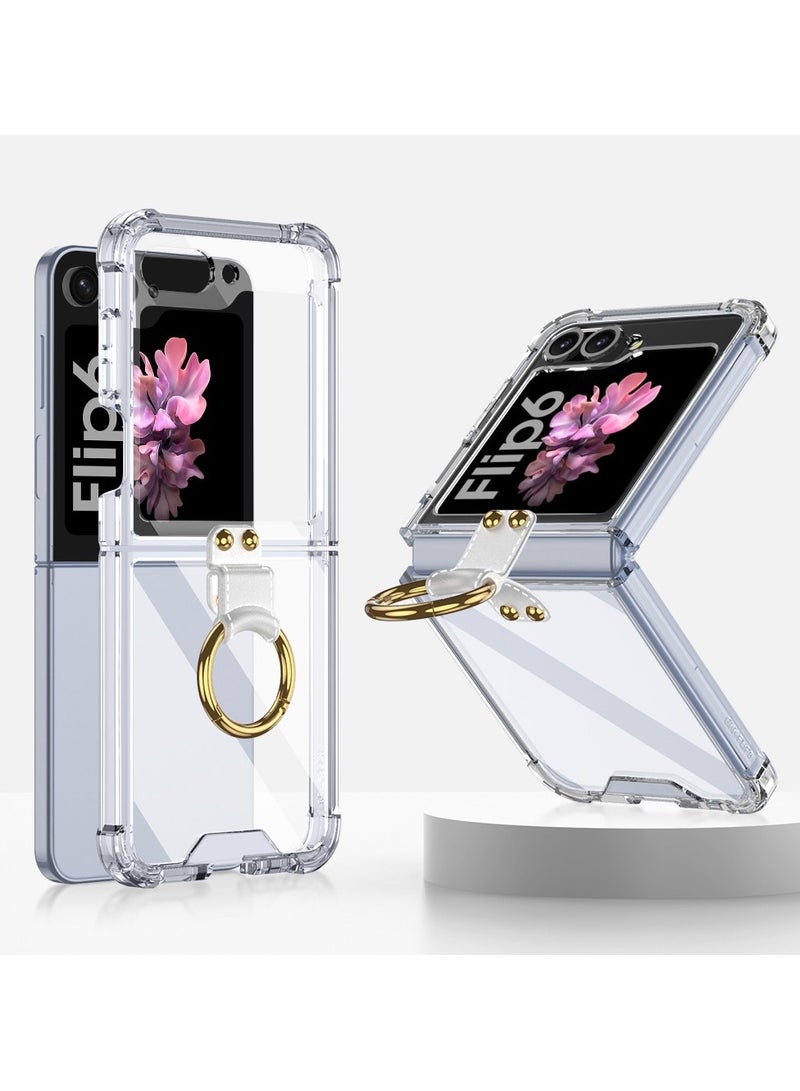 GOLDEN MASK Compatible With Samsung Galaxy Z Flip 6 Case Clear With Ring (White)