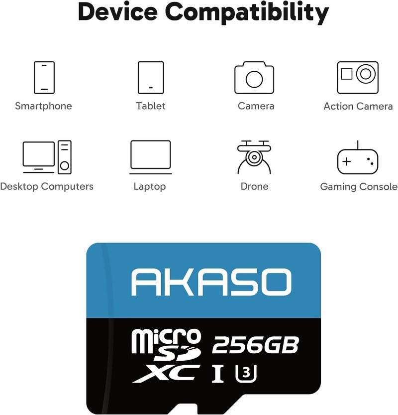 Akaso 256GB microSDXC U3 Memory Card - Up to 100MB/s, UHS-I C10, U3, Full HD, 4K UHD, MicroSD Card - Image 3