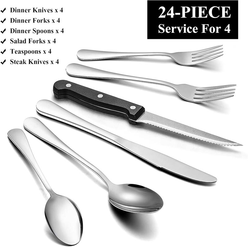 Wildone 24Piece Flatware Set with Steak Knives Stainless Steel Silverware Cutlery Set Service for 4 Tableware Eating Utensils Include KnivesForksSpoons Mirror Polished Dishwasher Safe - Image 2