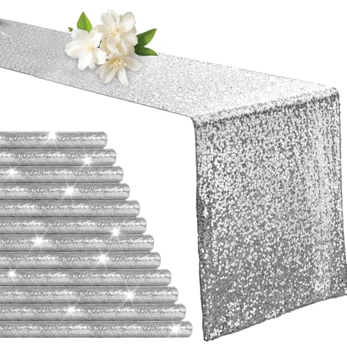 Aormenzy 12 Pack Silver Sequin Table Runner 12 x 72 Glitter Sparkle Sequin Runners for Birthday Party Wedding Banquet Baby Shower Party Table Decorations Supplies - Image 1