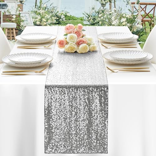 Aormenzy 12 Pack Silver Sequin Table Runner 12 x 72 Glitter Sparkle Sequin Runners for Birthday Party Wedding Banquet Baby Shower Party Table Decorations Supplies - Image 3