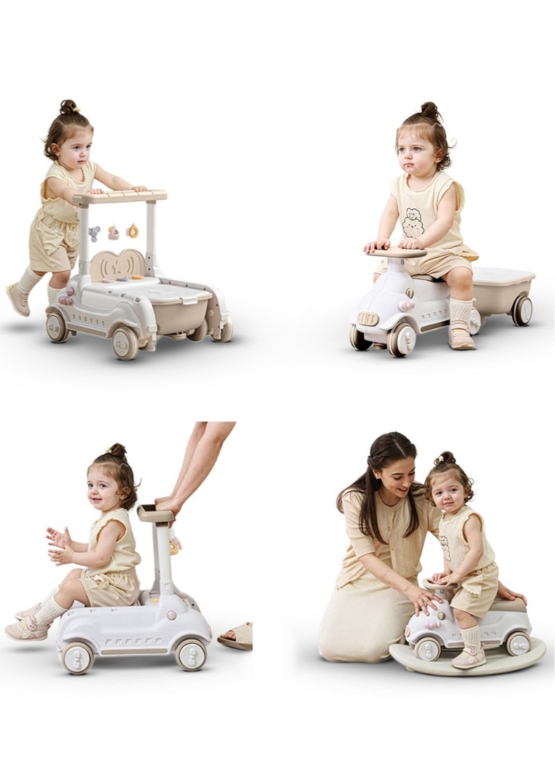 BAYBEE 4 in 1 Multifunctional Baby Ride On Car for Kids with Hanging Toys & Music, Rocker, Activity Walker, Storage Basket | Ride on Push Car for Kids | Baby Car Kids Car | Childrens Car for Kids Boys Girls White Beige - Image 1
