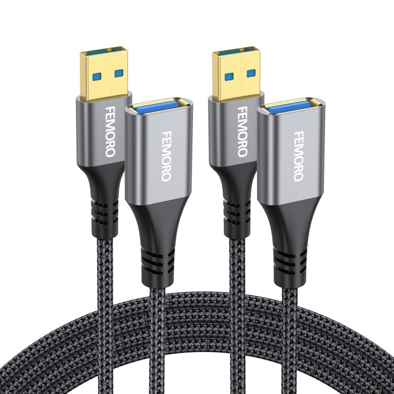 FEMORO USB Extension Cable 3ft Pack of 2, Type A 3.0 5Gbps Data Transfer & 15W Charging Sync Extender Male to Female for Mouse Keyboard TV Monitor Hub Charger Flash Drive Camera and More - Image 1