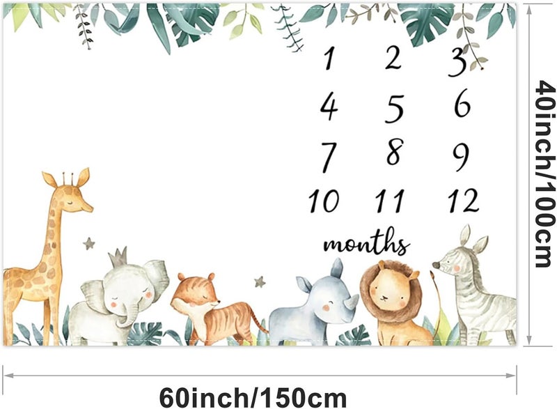 CSFOTO Jungle Animals Baby Monthly Milestone Blanket Tropical Plants Safari Themed Newborn Photography Props Neutral Personalized Shower Present Boys and Girls Recording Blanket 60x40 with Frame - Image 3