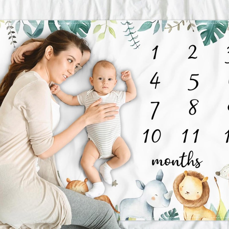 CSFOTO Jungle Animals Baby Monthly Milestone Blanket Tropical Plants Safari Themed Newborn Photography Props Neutral Personalized Shower Present Boys and Girls Recording Blanket 60x40 with Frame - Image 2
