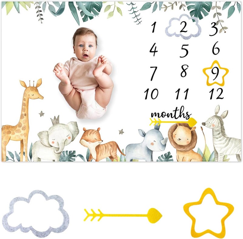CSFOTO Jungle Animals Baby Monthly Milestone Blanket Tropical Plants Safari Themed Newborn Photography Props Neutral Personalized Shower Present Boys and Girls Recording Blanket 60x40 with Frame - Image 1