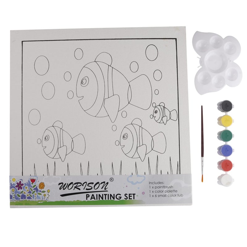 worison Canvas Painting Kit with Fish Printed Canvas Frame 12 x 12 Inch, 6 Small Paint tub, Brush & Color Palette - Image 2
