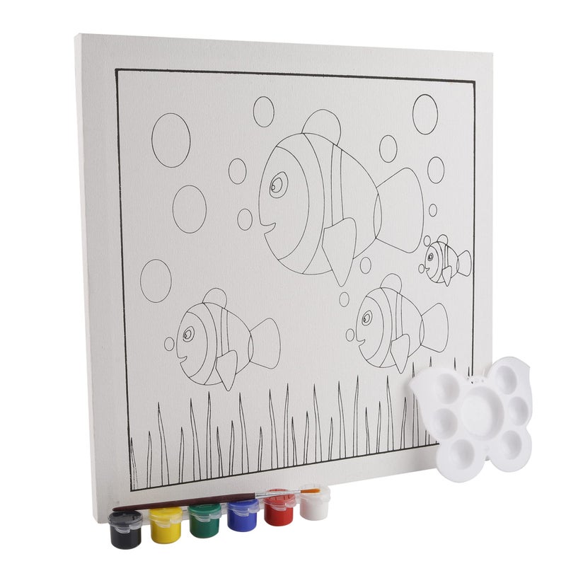 worison Canvas Painting Kit with Fish Printed Canvas Frame 12 x 12 Inch, 6 Small Paint tub, Brush & Color Palette - Image 1