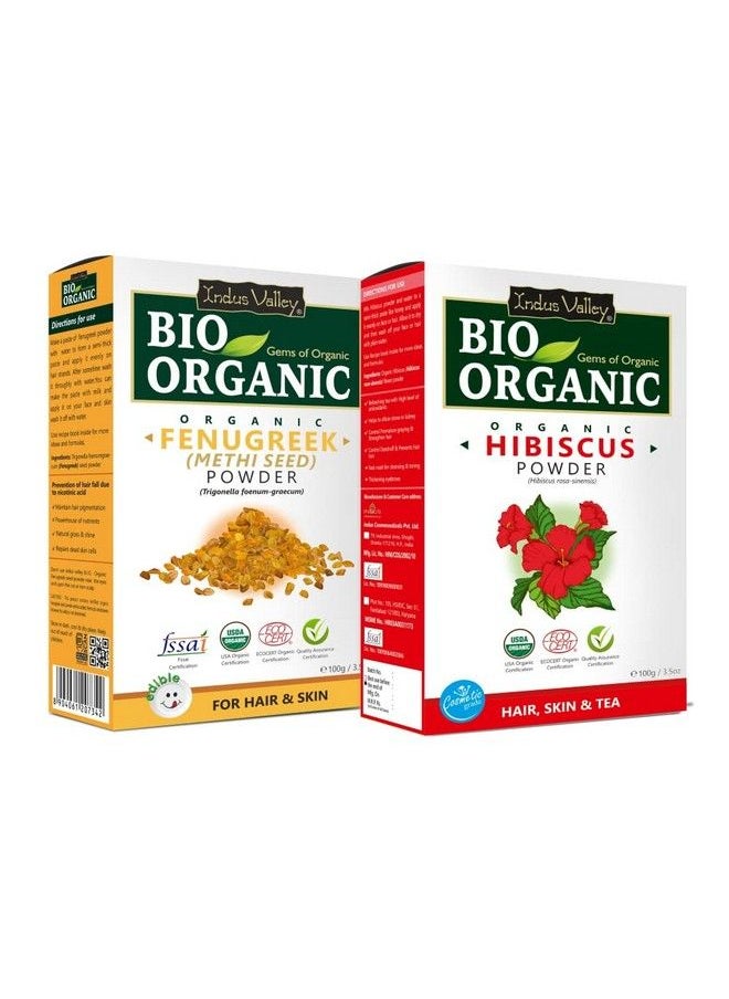 Indus Valley Bio Organic Natural And Pure Fenugreek Powder (Methi Powder) With Hibiscus Powder ; Hibiscus Rosasinensis For Skin Care & Hair Care (100G*2=200G)  - Image 1