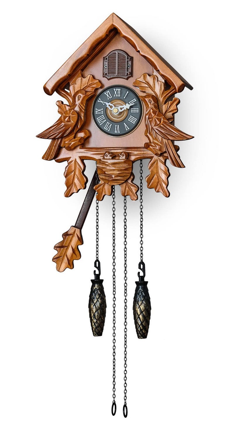 TIMEGEAR Cuckoo Clock with Night Mode, Singing Bird, Wooden Decorations and Swinging Pendulum (Brown) - Image 1