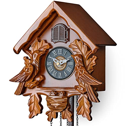 TIMEGEAR Cuckoo Clock with Night Mode, Singing Bird, Wooden Decorations and Swinging Pendulum (Brown) - Image 5