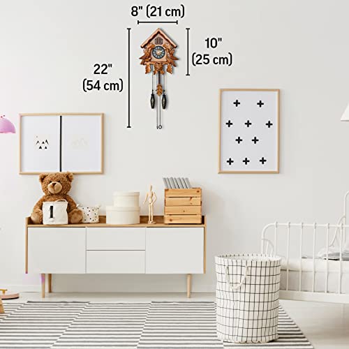 TIMEGEAR Cuckoo Clock with Night Mode, Singing Bird, Wooden Decorations and Swinging Pendulum (Brown) - Image 4