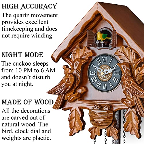 TIMEGEAR Cuckoo Clock with Night Mode, Singing Bird, Wooden Decorations and Swinging Pendulum (Brown) - Image 2