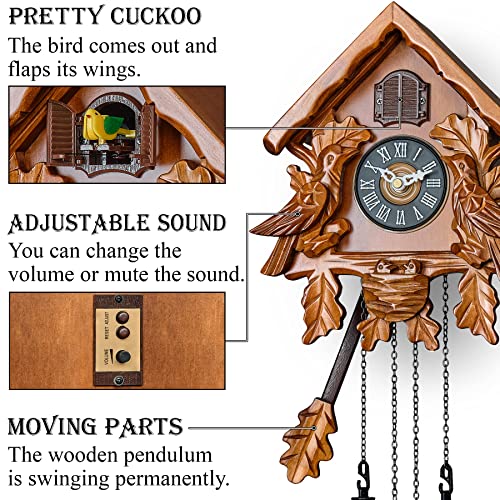 TIMEGEAR Cuckoo Clock with Night Mode, Singing Bird, Wooden Decorations and Swinging Pendulum (Brown) - Image 3