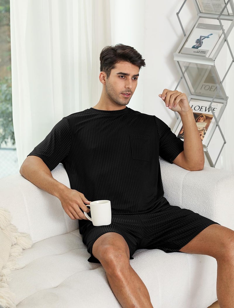 EISHOPEER Mens Ribbed Knit Pajama Sets Short Sleeve Top and Shorts Matching Lounge Set Loungewear with Pockets Black X-Large - Image 4