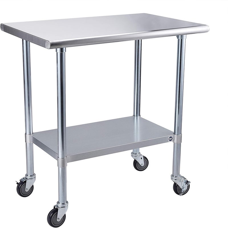 ROCKPOINT Stainless Steel Table for Prep  Work with Caster Wheels 24x36 Inches NSF Metal Commercial Kitchen Heavy Duty Table with Adjustable Under Shelf and Table Foot for Restaurant Home and Hotel
