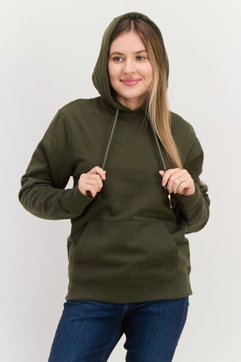 Threadbare Women Hooded Embroidered Sweatshirt, Dark Khaki  - Image 1