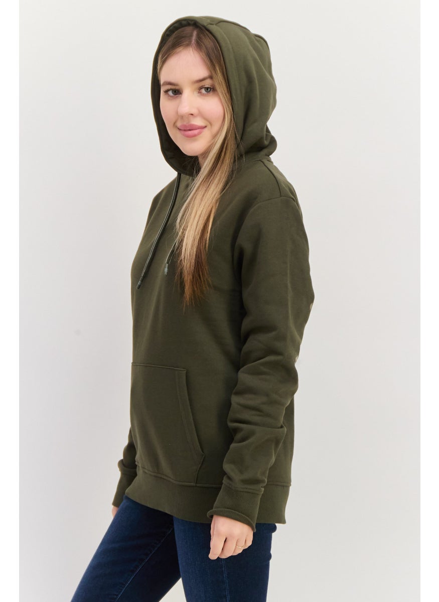 Threadbare Women Hooded Embroidered Sweatshirt, Dark Khaki  - Image 2