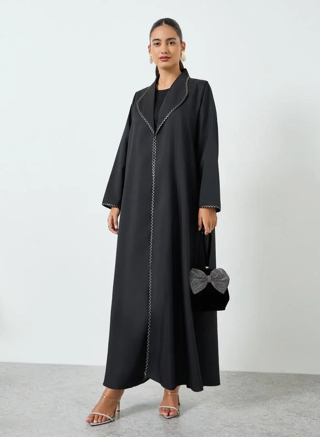 Black Embroidered Trim A-Line Abaya