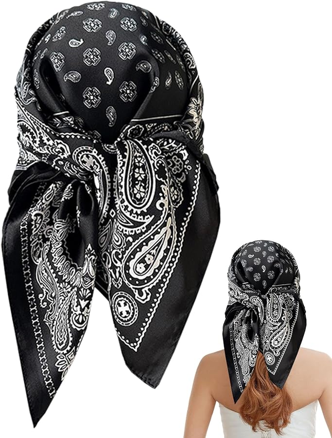 Black Silk Feeling Square Satin Head Scarf Vintage Wrap Multipurpose Shawl Bandana - Image 1