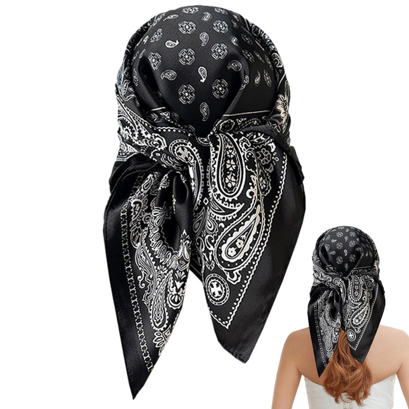 Black Silk Feeling Square Satin Head Scarf Vintage Wrap Multipurpose Shawl Bandana - Image 2