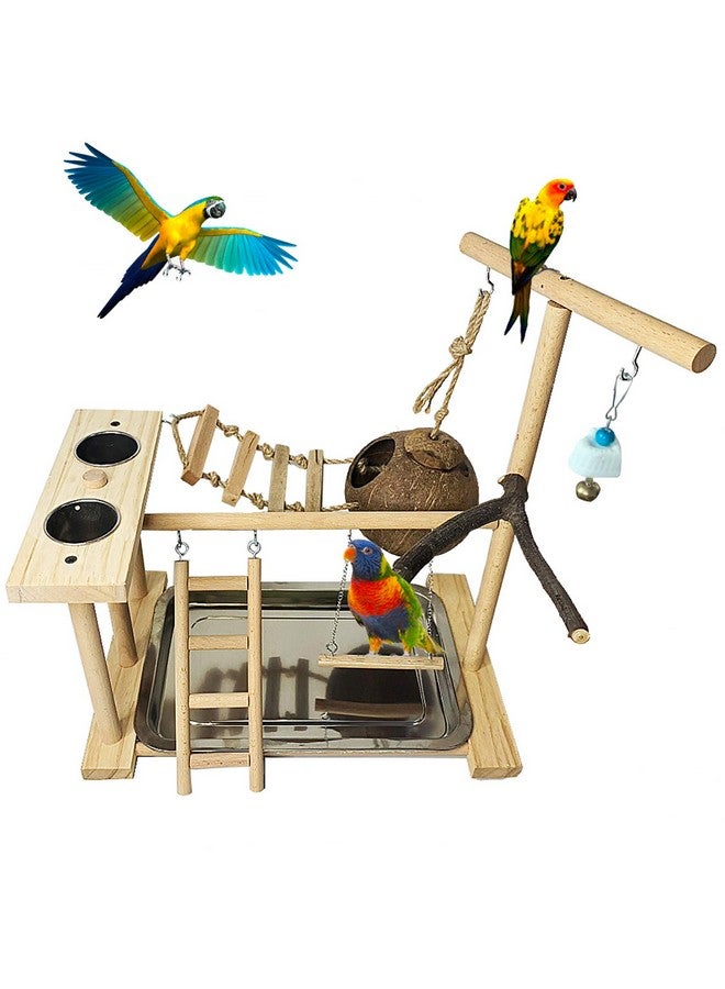 هامليدي ملعب ببغاء هاميليدي، حامل لعب للطيور، مجثم ببغاء من الخشب الطبيعي، صالة ألعاب رياضية مع أكواب تغذية، عش كوكاتيل مع سلم، قفص طيور الحب، ملحقات، مركز أنشطة تمارين لعب لطيور الحب كوكاتيل - Image 1