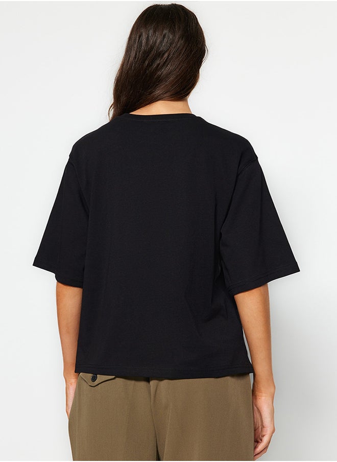 trendyol - Black Premium 100% Cotton Relaxed/Wide, Comfortable Fit Crewneck Knitted T-Shirt TWOSS23TS00412 - Image 1