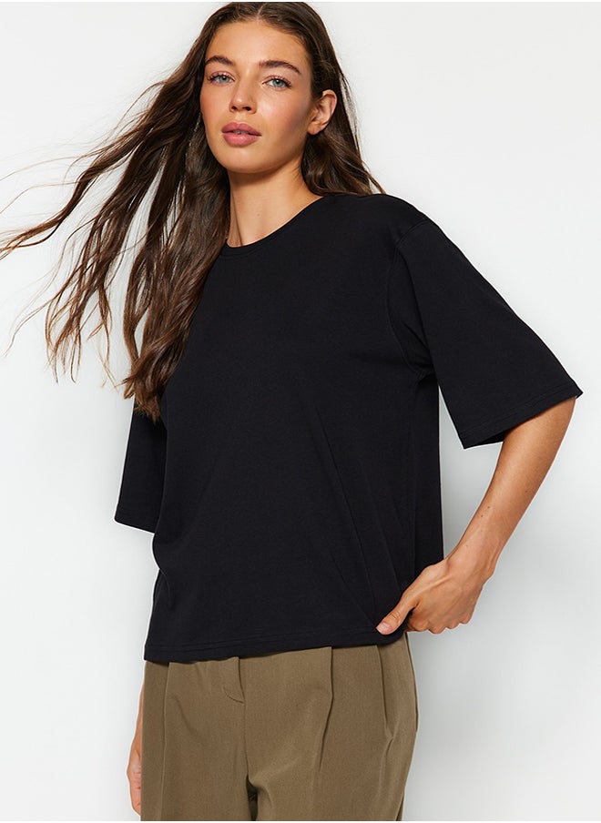 trendyol - Black Premium 100% Cotton Relaxed/Wide, Comfortable Fit Crewneck Knitted T-Shirt TWOSS23TS00412 - Image 1