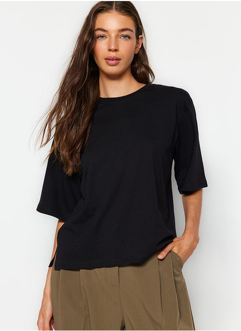 Black Premium 100% Cotton Relaxed/Wide, Comfortable Fit Crewneck Knitted T-Shirt TWOSS23TS00412
