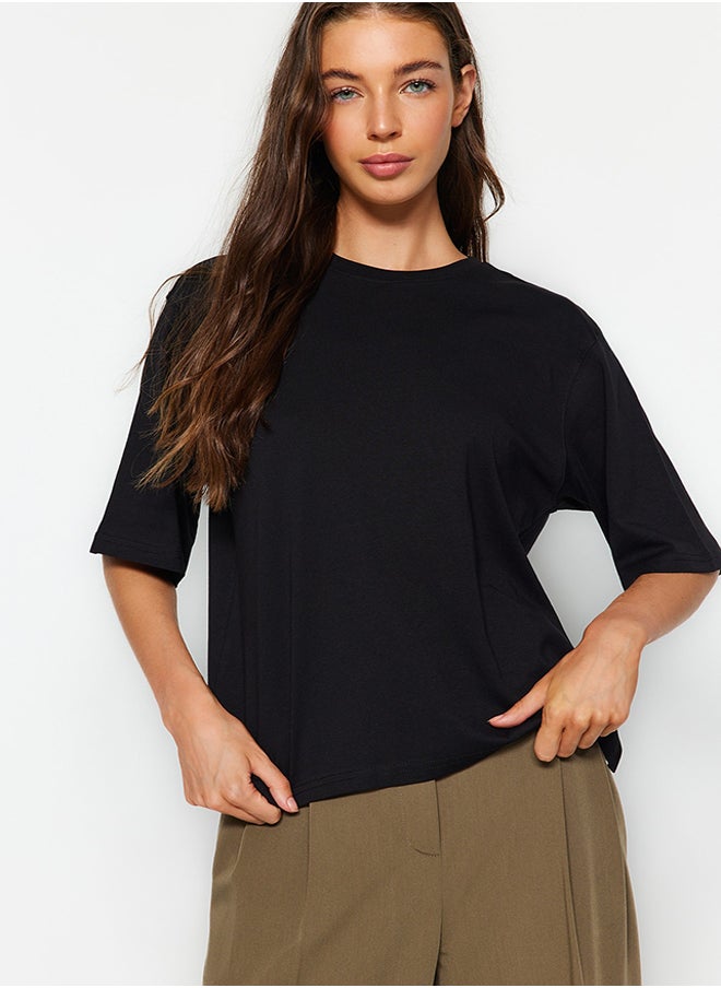trendyol - Black Premium 100% Cotton Relaxed/Wide, Comfortable Fit Crewneck Knitted T-Shirt TWOSS23TS00412 - Image 1