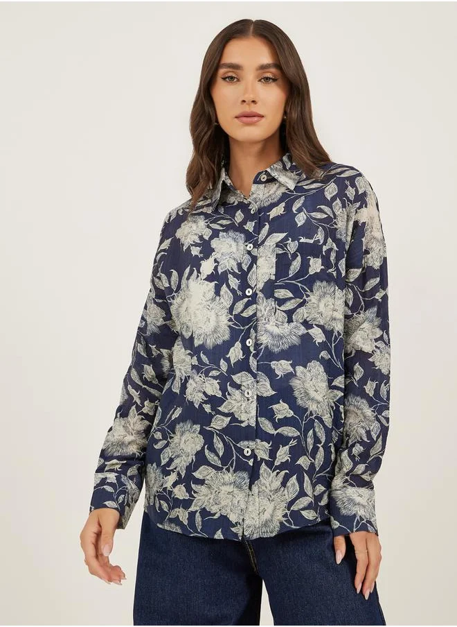 ستايلي Floral Print Spread Collar Oversized Shirt
