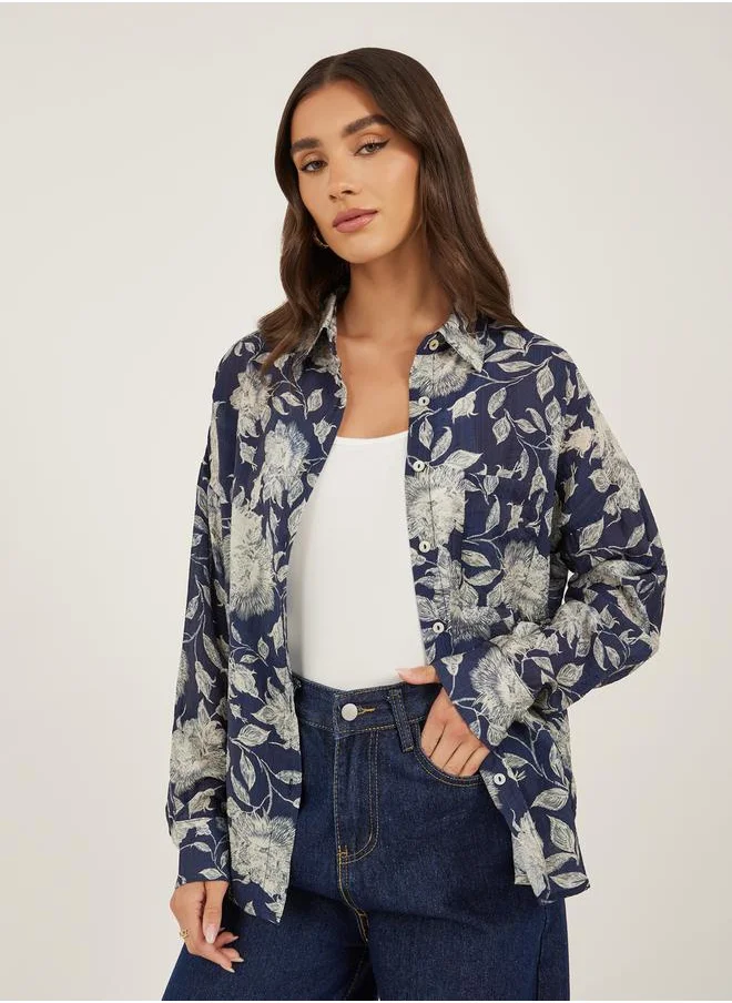 ستايلي Floral Print Spread Collar Oversized Shirt