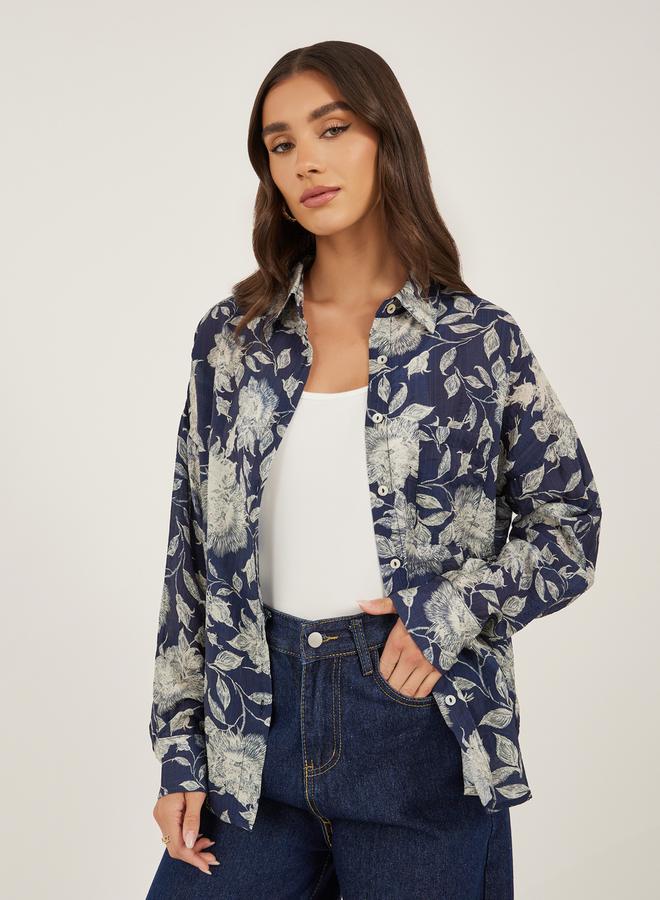 Styli Floral Print Spread Collar Oversized Shirt - Image 2
