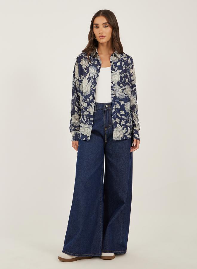 Styli Floral Print Spread Collar Oversized Shirt - Image 3