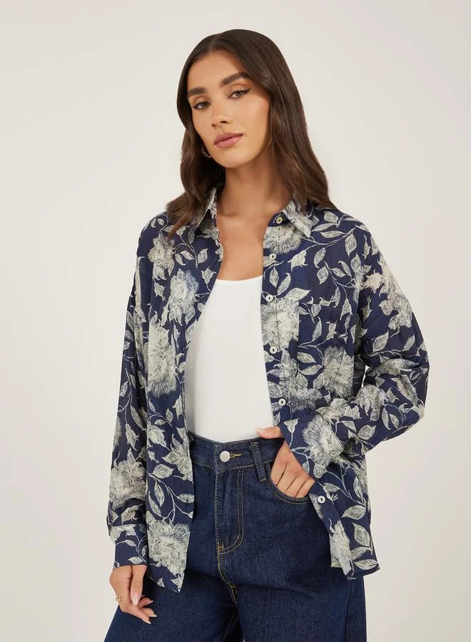 Styli Styli Floral Print Spread Collar Oversized Shirt