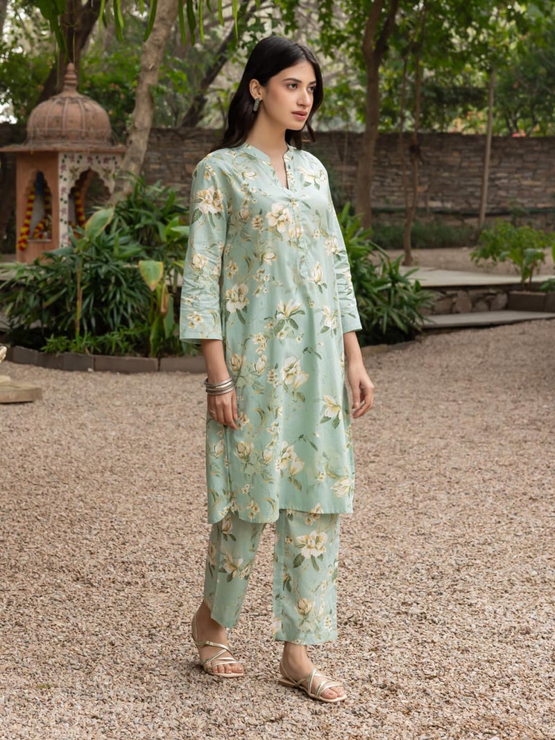 FIORRA Women's Pista Green Cotton Printed Co-ord Set SET0185 - Image 3