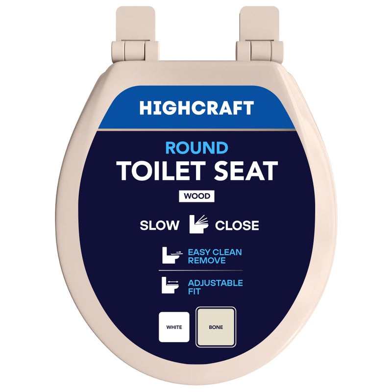 HIGHCRAFT Premium Round Toilet Seat with Slow-Close Design, Adjustable Hinges & Quick Removal Mechanism - Molded Wood Toilet Seat - Fits Standard Round Toilets - Toilet Seat in Bone/Beige - Image 1