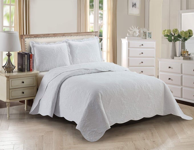 3PC KINGCAL KING OVER SIZE ELEGANT EMBOSSED BEDSPREAD SET LIGHT WEIGHT SOLID WHITE NEW