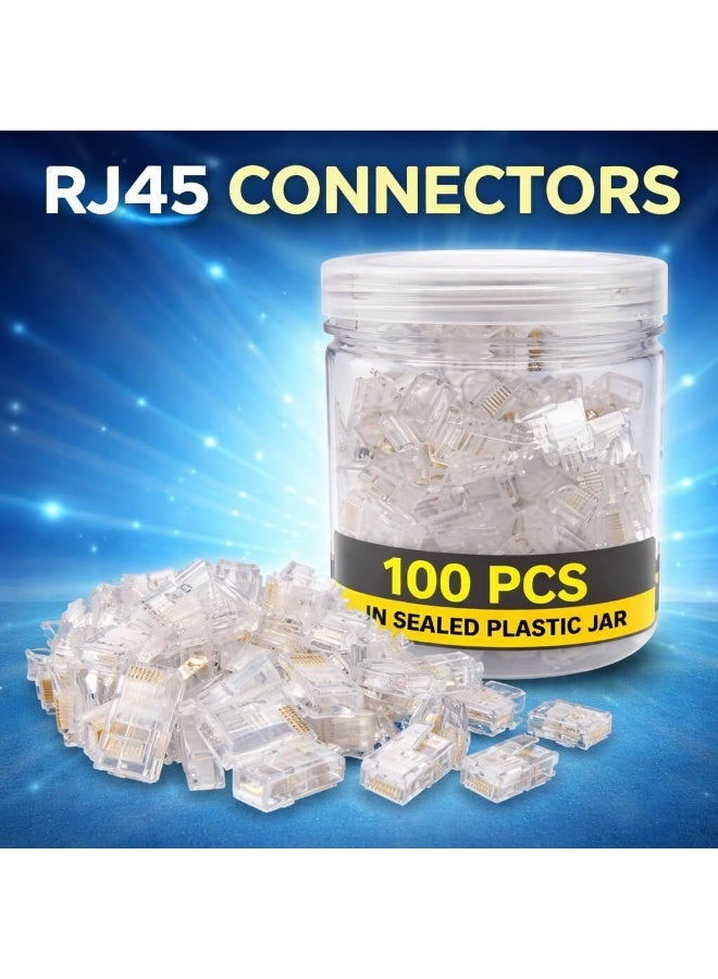 موصلات RJ45 - 100 قطعة - مقابس معيارية لكابلات إيثرنت Cat6/Cat6e - أطراف شبكة عالية السرعة لكابلات LAN الصلبة والمجدولة - إنهاء موثوق به بالضغط - Image 1