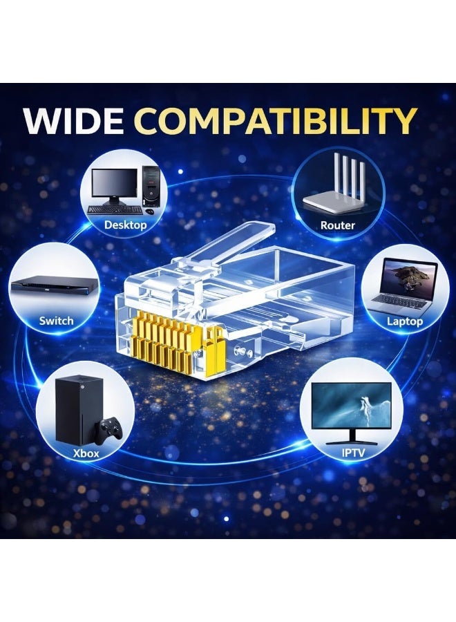 موصلات RJ45 - 100 قطعة - مقابس معيارية لكابلات إيثرنت Cat6/Cat6e - أطراف شبكة عالية السرعة لكابلات LAN الصلبة والمجدولة - إنهاء موثوق به بالضغط - Image 3