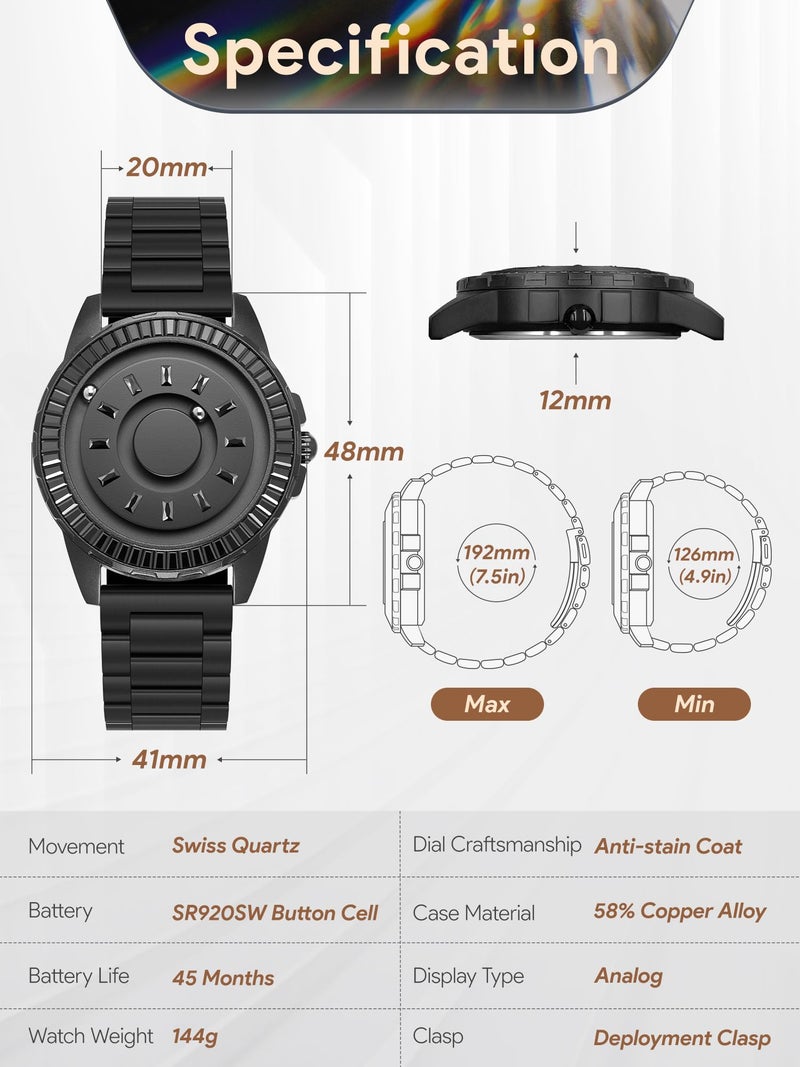 EUTOUR Diamond Magnetic Watch for Men, 40mm Black Unique Rotating Magnetic Beads Display 3ATM Water Resistant 20mm Stainless Steel Band with Diamond Indexes Ideal Gift for Men & Fashion Statement for All Occasions - Image 3