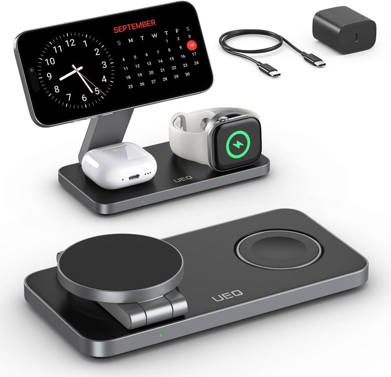 UEQ Foldable 3 in 1 Wireless Charging Station for Apple Magsafe Charger Stand,Fast Magnetic Wireless Charger Station for iPhone 17 Air 16 15 14 13 12 Series,Airpods Pro,Apple Watch Ultra (Pure Black) - Image 1