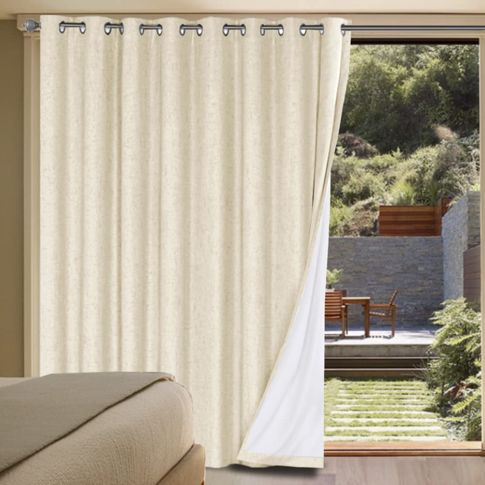 H.VERSAILTEX HVERSAILTEX Linen Blackout Curtains Durable Thick Textured Linen Look 100 Blackout Patio Door Curtain Anti Rust Grommet Extra Wide Sliding Door Curtain Panel Bleached Sand W100 x L96 inch