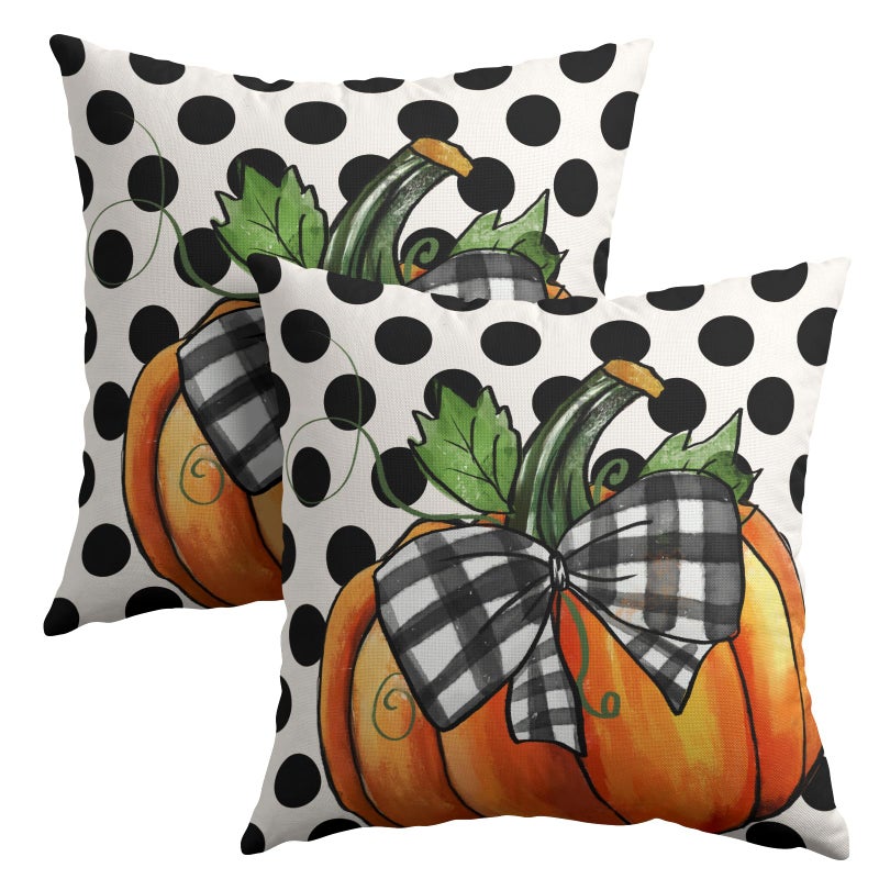 Granbey Fall Outdoor Pillows Covers 18x18 Inch Set of 2 Orange Pumpkin Black Polka Dot Decorative Throw Pillowcase Autumn Thanksgiving Seasonal Cushion Case Farmhouse Cotton Linen Pillow Cover for Home Patio - Image 1