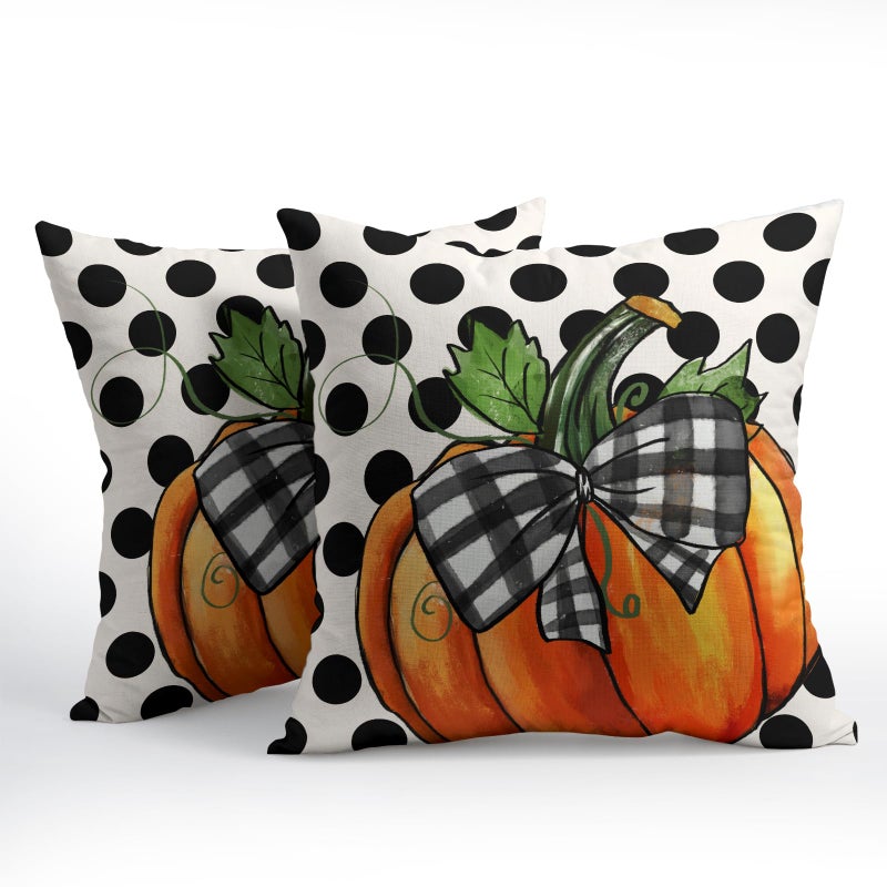 Granbey Fall Outdoor Pillows Covers 18x18 Inch Set of 2 Orange Pumpkin Black Polka Dot Decorative Throw Pillowcase Autumn Thanksgiving Seasonal Cushion Case Farmhouse Cotton Linen Pillow Cover for Home Patio - Image 2
