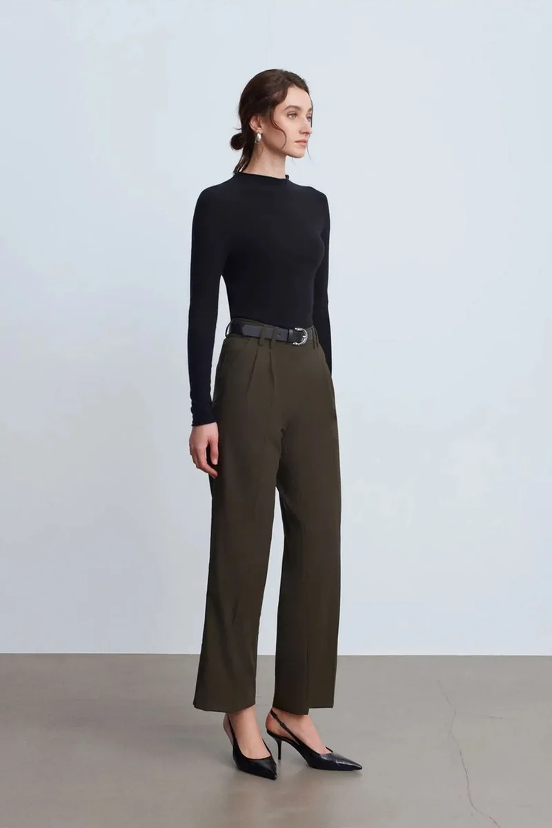 Dilvin Khaki Green DILVIN Women's Wide-leg Pleated Crepe Trousers for Women | Best Price UAE